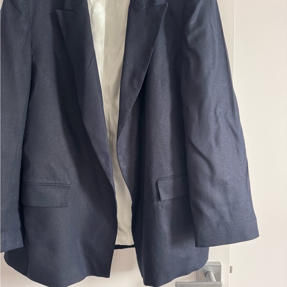 ZARA Navy Linen Blend Blazer XXL Open Front Shoulder Pads Lined - Picture 3 of 6